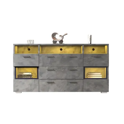Immagine prodotto di Cassettiera Okwish 140 cm con illuminazione LED e 2 ante in acrilico, 3 cassetti, grigio