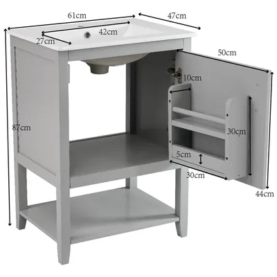 Immagine prodotto di Mobili da bagno Sweiko lavabo singolo, mobiletto 60 cm con lavabo in Vetroceramica, con ripiano, grigio chiaro