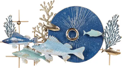 Produktbild von BELIANI Wanddekoration Blau u. Gold Eisen Fische Meerestiere Kreis Einteilig Handgemacht Modern Wandobjekt Schlafzimmer Wohnzimmer Flur Küche Esszimmer