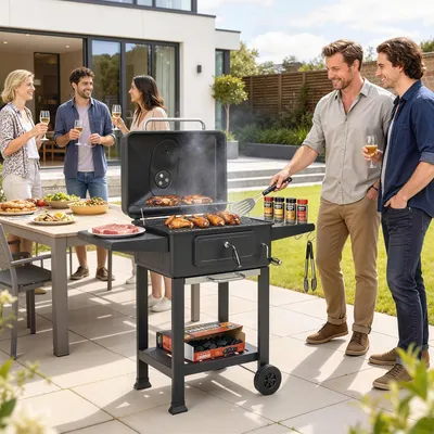 Productafbeelding van Sweiko houtskoolgrill, barbecue en smoker met deksel, thermometer, in hoogte verstelbaar, kolenbak, grillrooster, zijtafel en asbak