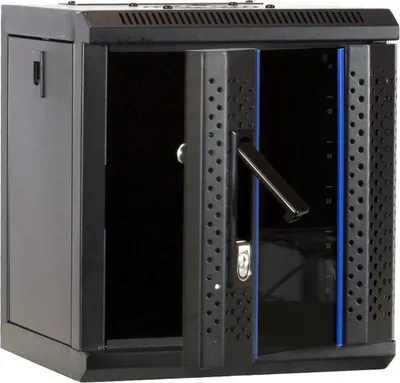 A black server rack cabinet with its front door open, revealing the interior.