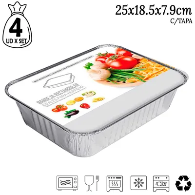 Zdjęcie produktu dla Pojemniki aluminiowe do żywności z pokrywką - formy do pieczenia - 25 × 18,5 × 7,9 cm - zestaw 8 sztuk - do przechowywania