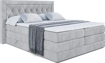 Produktbild von ALTDECOR Boxspringbett mit H3 Matratze-Bonellfederung, H4 Multipocket-Matratze (18 cm hoch) PUR, Topper (4 cm hoch), Polsterbett mit Kopfteil und Bettkasten - NOEL KING - 200x200 - Hellgrau Samt