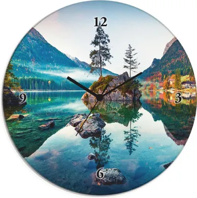 Produktbild von ARTland Glas Wanduhr Funkuhr - schwarzer Zeiger Herbstszene des Hintersee vor Alpen Größe: 30x30 cm