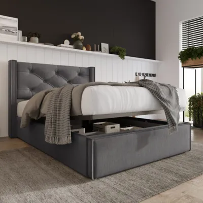 Produktbild von Bett,Hydraulisch Einzelbett Polsterbett 90x200cm,Bett mit Lattenrost aus Metallrahmen, Modernes Bettgestell mit Stauraum, Baumwolle, Grau