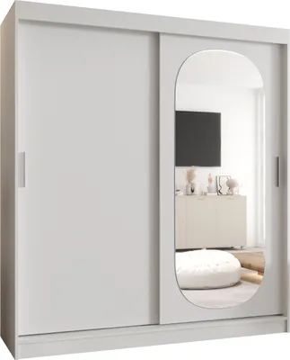 Produktbild von MEBLE KRYSPOL ROYAL 180 Kleiderschrank mit zwei Schiebetüren für Schlafzimmer – moderner Aufbewahrungsschrank mit Kleiderstange und Regalen – 180x200x62cm - Mattweiß