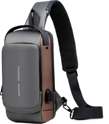 Produktbild von Brusttasche Herren Sling Bag,Passwortschutz Anti-Diebstahl Crossbody Bag,Umhängetasche Outdoor Wasserdicht Lässige Herrentasche,mit USB-Ladeanschluss (Grau und Braun)