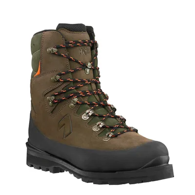 A single brown and green hiking boot with black laces and a black sole, isolated on a white background.