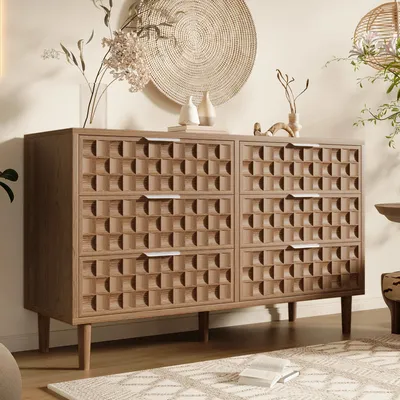 Produktbild von MODFU Kommode mit 6 Schubladen,Sideboard Holzoptik 120x37x77 cm,Beistellschrank Wohnzimmerschrank mit Retro-Design für Wohnzimmer,Eiche
