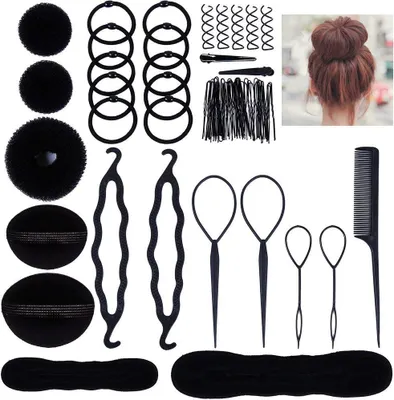 Produktbild von Lictin Frisurenhilfe-Set mit 70 Teilen, darunter Duttkissen und Flechthilfen, für verschiedene Frisuren, schwarzes Haarzubehör und Friseurzubehör für Mädchen