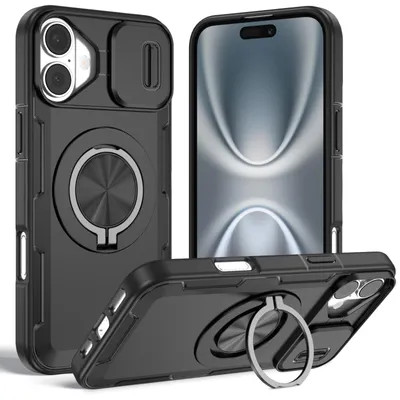 Produktbild von Magnetische Hülle für iPhone 16, Militär Stoßfest Handyhülle mit Kameraschutz und Ringhalter Ständer Schwarz