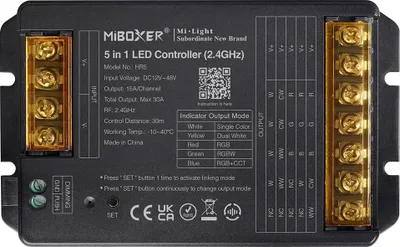 Produktbild von MiBoxer HR5 5-in-1 LED-Controller – RGB, RGBW, RGB+CCT, CCT  und  einfarbig, 12–48 V, 30 A, 2,4 GHz Funk