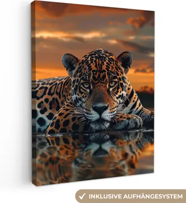 Produktbild von Wanddeko 60x80 cm - Tiere - Natur - Leopard - Sonnenuntergang - Modern, Deko Wohnzimmer, Bilder, Wanddeko