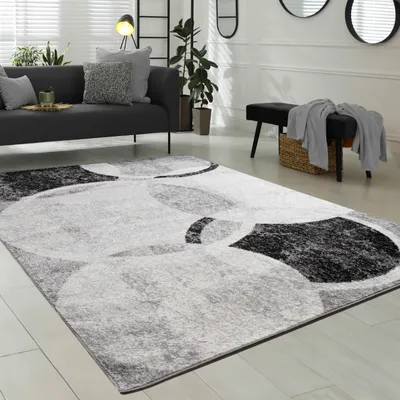 Produktbild von Designer Teppich Wohnzimmer Teppich Kreis Muster in Grau Creme Preishammer Grösse 80x150 cm