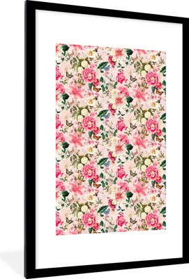 Produktbild von MuchoWow® MuchoWow® Gerahmtes Poster Blumen - Rosa - Muster 60x90 cm - Poster mit zchwarzem Bilderrahmen - Dekoration - Wandposter Wohnzimmer - Hochwertig
