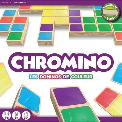 The image shows the packaging of the board game Chromino, with colorful domino tiles displayed.