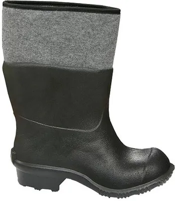 A single black boot with a gray felt cuff is shown against a white background.