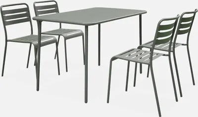 A metal dining set with a table and four chairs, presented on a white background.