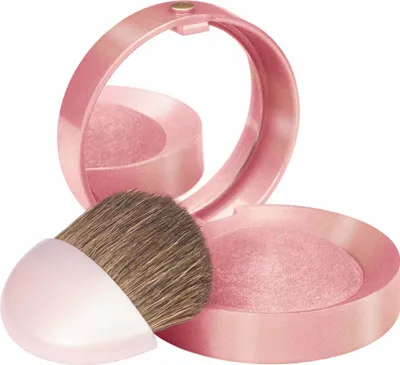 A pink blush compact with a mirror and a brush, shown open.