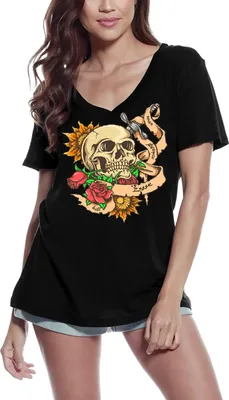 Produktbild von Damen Grafik T-Shirt V-Ausschnitt Krieg Frieden Liebe töten - gruseliger Totenkopf mit roten Rosen – War Peace Love Kill - Scary Skull With Red Roses