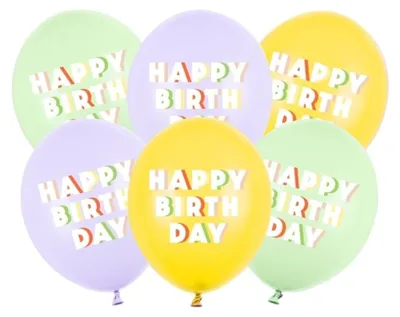 Produktbild von 6 Stk. Luftballon Ø30cm "Happy Birthday" | Pastell Gelb/Lila/Grün