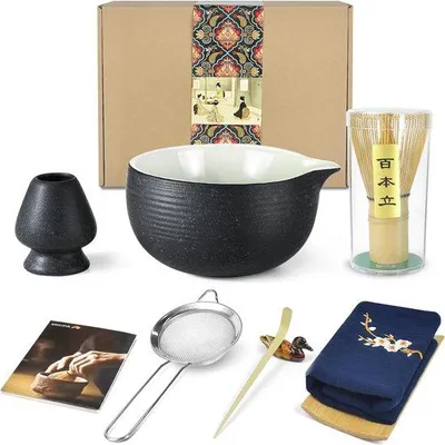 Produktbild von Traditionelles japanisches Teezeremonie-Sets mit blauem Porzellankeramik - Matcha-Thee-Service mit Tee-Teilungsstreuer und Matcha-Reibwerkzeug - Usucha Koicha und grüner Tee Matcha