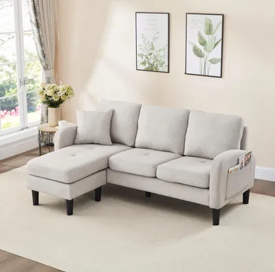 Produktbild von Abrihome L-förmig Ecksofa 3-Sitzer Sofa-166x118x77 cm mit Chaiselongue, Leinenbezug und Schaum, Beige