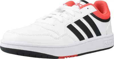 A single white Adidas sneaker with black stripes and red accents is shown from a side angle against a white background.