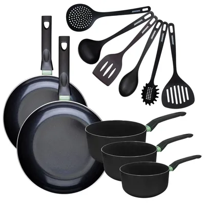 Image de Set de 2 poêles 28 et 30 cm et 3 casseroles 16, 18 et 20 cm antiadhésives céramique et 6 ustensiles Fackelmann Brandao