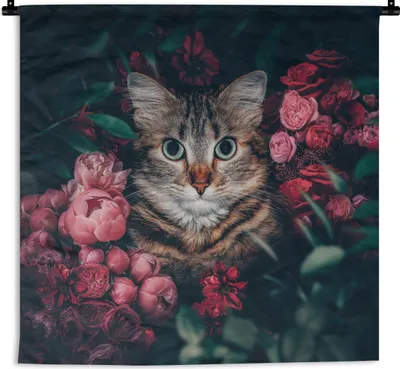 Produktbild von MuchoWow® Wandteppich Wandbehang Katze - Blumen - Tiere - Botanisch 60x60 cm Tapisserie Dekoration Wandtuch - Dekorationen - Wand Decke