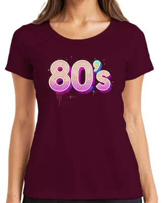 Productafbeelding van 80's Neon Retro Disco T-shirt voor dames, vintage stijl, jaren '80 thema, bordeauxrood, maat S