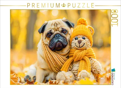 Produktbild von CALVENDO Puzzle Mops und Plüschtierkumpel im Herbst. | 1000 Teile Lege-Größe 64x48cm Foto-Puzzle für glückliche Stunden