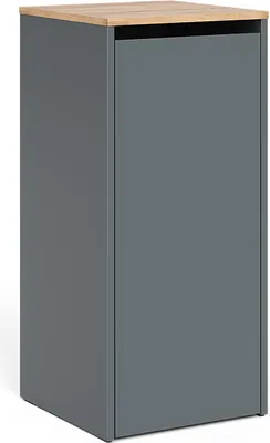 A gray cabinet with a wooden top.