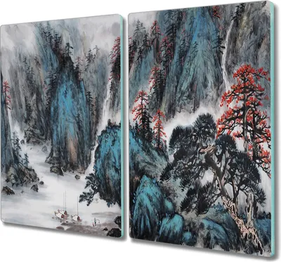 Produktbild von Coloray Küchenbrett Kochplattenabdeckung Hackbrett Schneidebrett Herdabdeckplatte 2x30x52 cm - Berg Baum Nebel
