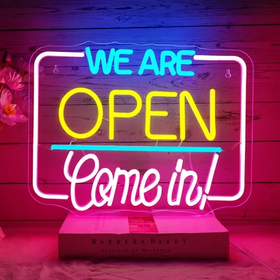 Obrázek produktu pro Jsme otevřeni. Vstupte. Neonové reklamy, LED panely. Barevné neonové osvětlení pro restaurace