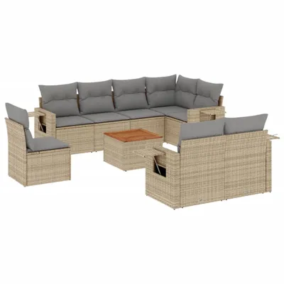 Produktbild von 9-tlg. Garten-Sofagarnitur mit Kissen Beige Poly Rattan