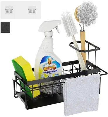 Immagine prodotto di Organizer da cucina nero con porta-spugna e portasciugamani, acciaio inossidabile