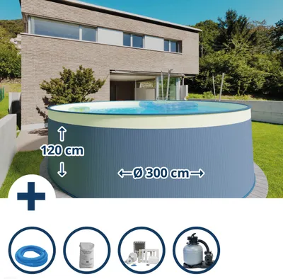 Produktbild von Stahlwandpool Set (5-teilig) rund 300 x 120 cm, Stahl 0,4 mm anthrazit Folie 0,2 mm sand
