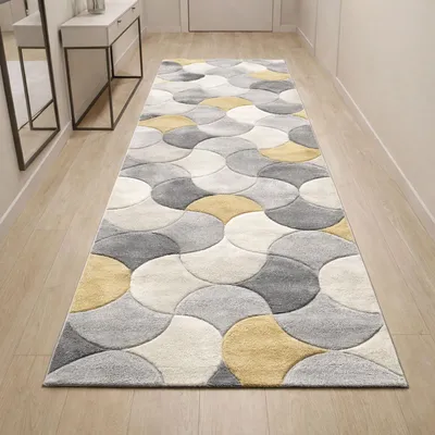Imagen del producto de Alfombra moderna, color gris, crema y amarillo, con diseño de corte en contorno, ideal para pasillos. Tamaño: 80 x 300 cm