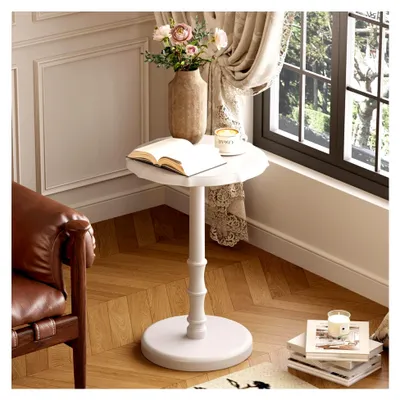 Produktbild von Beistelltisch aus massivem Holz im Vintage-Stil, runder, schmaler Tisch für Wohnzimmer, Schlafzimmer und Büro (Weiß)