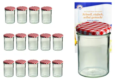 Produktbild von 15er Set Sturzglas 435 ml To 82 rot karierter Deckel Einmachgläser Einkochgläser incl. Rezeptheft