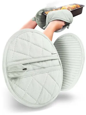 Produktbild von WOHNHELD® Topflappen & Ofenhandschuhe Kombi I 2er Set I Extrem hitzebeständig 250° C I Baumwolle Waschmaschinen geeignet I Rund Grün