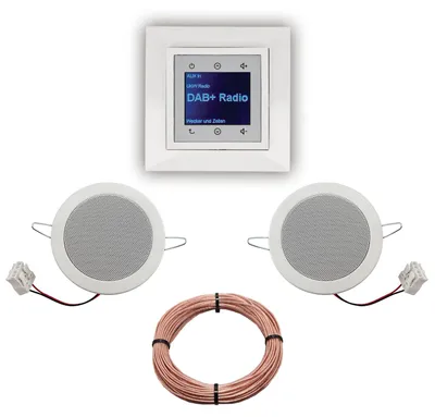 Produktbild von BERKER Unterputz DAB+ Radio 29848989 polarweiß glänzend mit 1fach Rahmen Berker + 2 x Deckenlautsprecher Einbaulautsprecher + 20 Meter EBROM Lautsprecherkabel