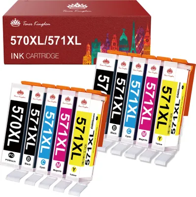 A box of ink cartridges and several ink cartridges arranged in a row.