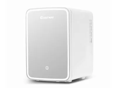 A white COSTWAY mini fridge with a mirrored front and LED light border.