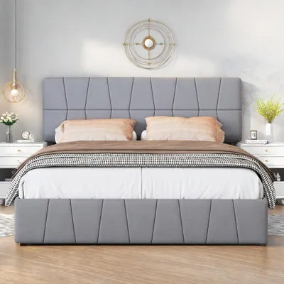 Obrázek produktu pro Čalouněná postel Fortuna Lai 160x200 cm Manželská postel se 4 zásuvkami a roštem, úložný prostor Funkční postel Dřevěná postel Manželská postel, samet, šedá