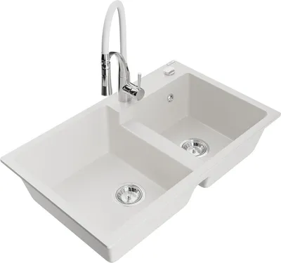 Produktbild von Mexen Tomas 2-Becken-Granitspüle mit Mischbatterie Aster, Weiß - 6516-20-73450-02