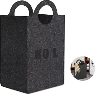 Imagen del producto de Cesta de ropa Unyqoos® de fieltro – recipiente para ropa plegable de 80 litros con asas de transporte, cesta de ropa estrecha y alta de 70x40x30 cm, que ahorra espacio