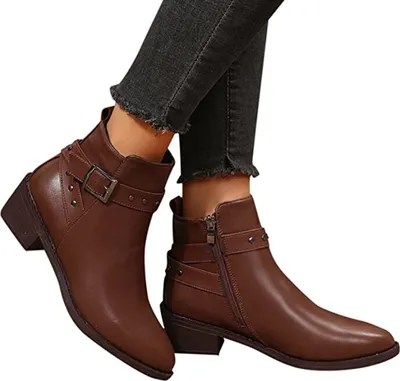 Produktbild von ASKSA Damen Kurz Stiefel mit Absatz Blockabsatz Schnalle Leder Stiefeletten, Braun, Größe: 42