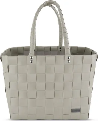 A plain white background shot of a grey woven shopping basket.